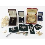 A collection of gold and costume jewellery, including five pairs of 9ct. gold stud earrings; a