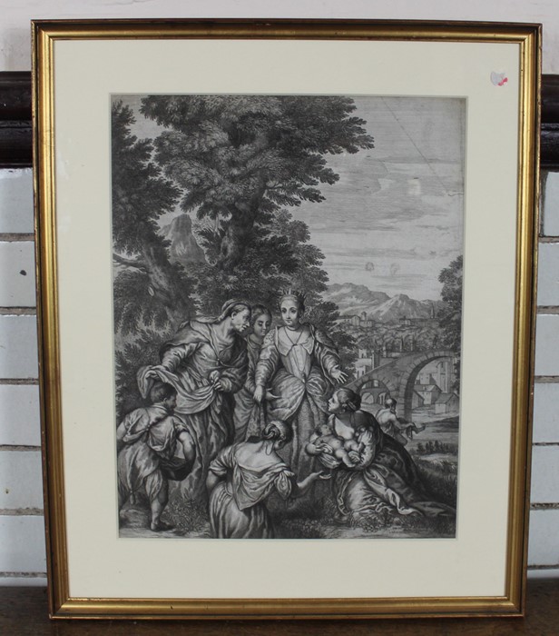 After Verones- Moses (possibly), "Discovered in the bullrushes", a black and white engraving by