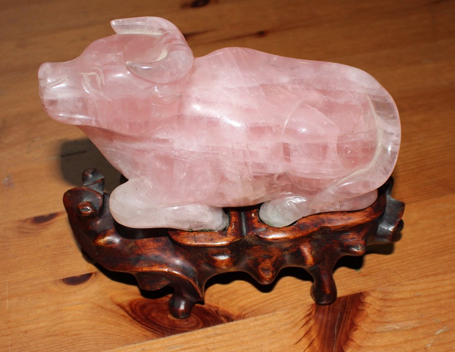 A collection of Chinese items including Rose quartz buufallo and Buddha - Image 2 of 2