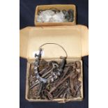 A collection of various Keys , Silver plated spoons, boxes and similar