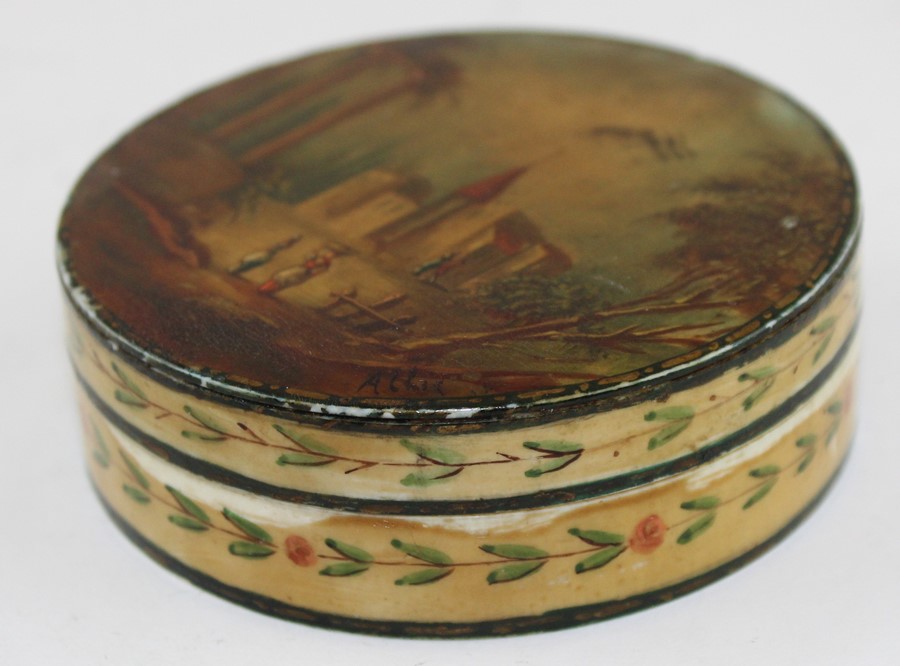 A 19th century Ivory Indian circular box and cover, the lid painted with a European landscape with - Image 2 of 4