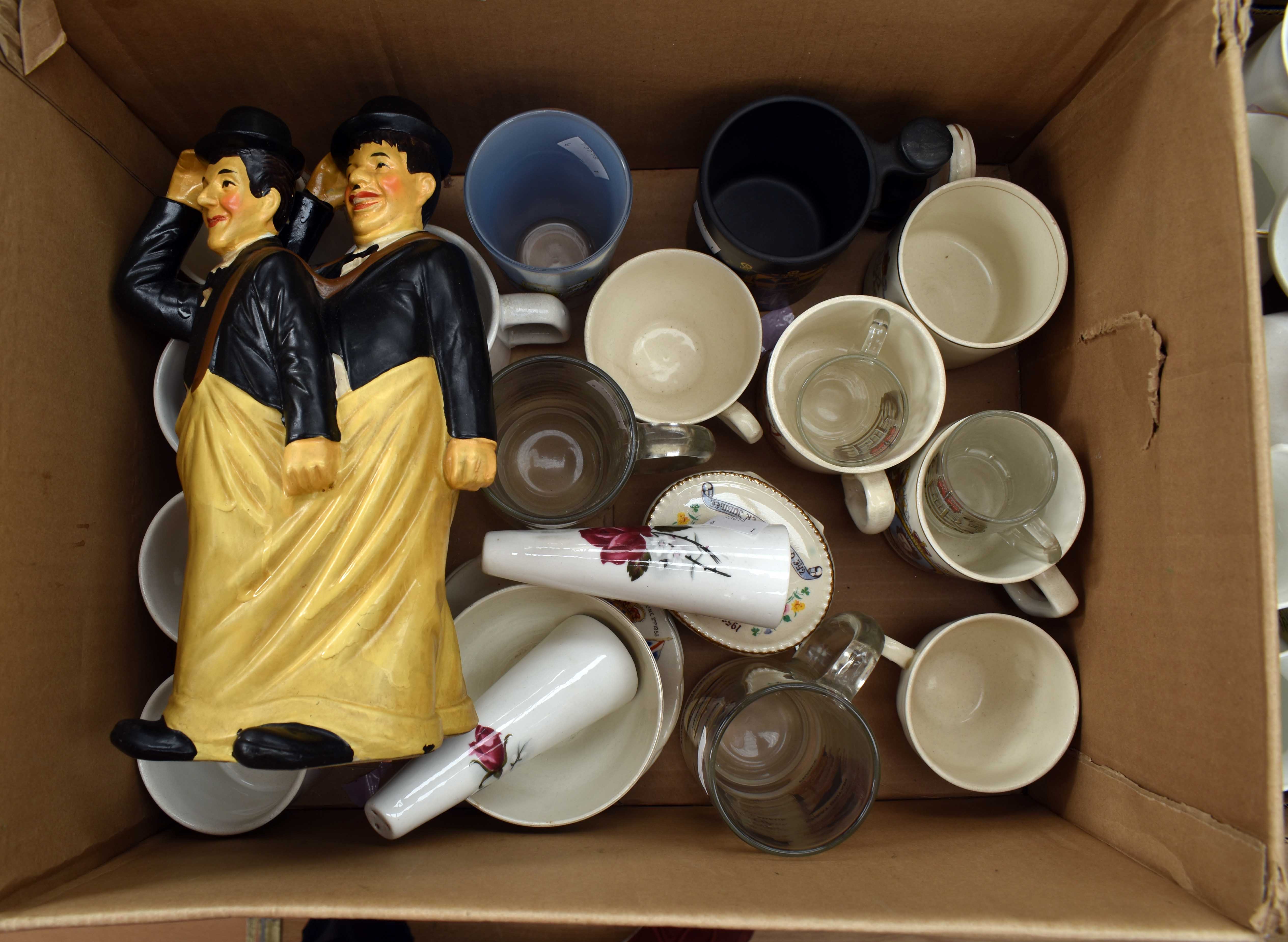 Laurel & Hardy figurine group together with Royal commemorative ceramics
