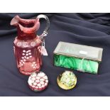 Ruby glass jug bevelled glass box and two paper weights