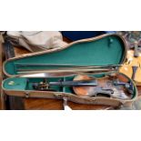 An early (German) 20th Century violin with label inside, playworn A/F, together with newer case,