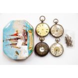 A collection of four various pocket watches, comprising two silver and two base metal watches,