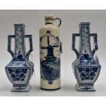 A Delft's ceramic gin bottle and two hard paste vases marked Delft's underside