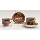 Pair of 18th Century Chinoiserie cup and saucers, highly decorated with Chinese scenes,