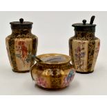 Royal Doulton ceramic cruet set with metal lids and spoons