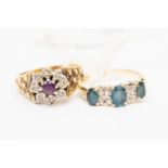 A 9ct gold amethyst and diamond cluster ring,, bark effect shoulders, size N,