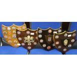 A collection of British & World Fire Brigade Cap Badges mounted on five wooden sheilds.