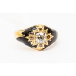 A Victorian diamond mourning ring, 18ct gold with black enamel shoulders,