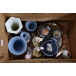 Assorted 20th Century ceramics including Jasper Ware, three Coalport figurines, Lady May,