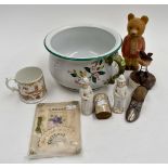 Rupert Bear, Victorian base metal pin cushion shoe, Nacre box and contents,