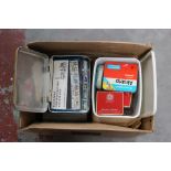 Box of tins of used stamps, loose stamps in envelopes and tins, some mint,