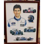 A Patrick Loan signed print, depicting Damon Hill and the racing cars, signed to lower right,
