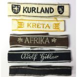 Reproduction WW2 Third Reich cloth cuff titles: Kreta, Afrika, Kurland, LAH Adolf Hitler,