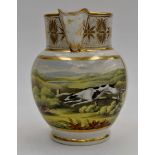 An early 19th Century Derby hand painted jug, depicting a greyhound chasing a hare,