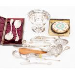 An 1885 boxed pair of children's spoons, a Stratton boxed compact,