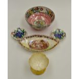 Maling lustre ware, a fruit bowl (pink floral), two butter dishes, small oval sewing dish,