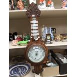 Carved Oak Aneroid Banjo Barometer and a brass Art Nouveau Mantle clock a/f 16cm high