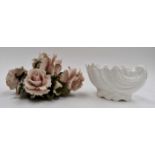A Coalport county ware shell (white porcelain) together with a Naples porcelain rose sculpture