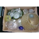 A large quantity of glass salts, dishes, including carnival glass decanter and globe,