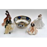 Four Royal Worcester lady figures, along with a Royal Worcester Millenium bowl,
