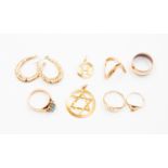 A collection of 9ct gold jewellery to include five rings one set with a synthetic opal,