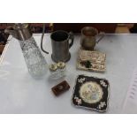 A Royal Crown Derby boxed butter knife, Posies, a 1920's tea plate, Claret jug, part cruet set,