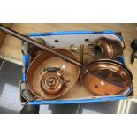 Collection of brassware, two kettles, one pan, one warming pan,