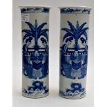 Pair of 19th Century Chinese tube vases, blue and white, slight chips to rim,