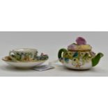 Miniature Continental floral tea pot and cup and saucer,