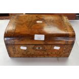 A walnut work box with mother of pearl escutcheon A/F with Tunbridgeware rim