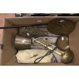 Brass kitchenalia including chestnut warmer,