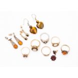 A collection of 9 ct gold rings and earrings together with silver ring and silver gemstone set