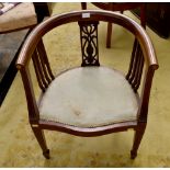 Edwardian inlaid library chair with green velvet seat.