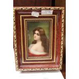 Three prints of Victorian chrome lithograph of lady in red and gold frame, 13 cms x 7.