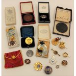 A Lusitania medal, George V Coronation medallion, Masonic medals and brooch, enamelled half crown,