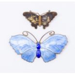 Blue enamel guilloche silver butterfly brooch Birmingham 1906 and small Japanese butterfly brooch