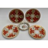 A set of four Staffordshire cabinet plates, 19th Century, depicting red panels of decoration,