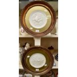 Pair of circular late 19th Century Royal Crown Derby bird panels in glazed gilt frames A/F
