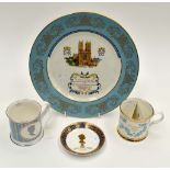 Commemorative plate 1947 (Queen and Prince Phillip marriage) and two tankards,