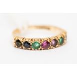 A 9ct gold "dearest" ring, set with diamond, emerald, amethyst, ruby, sapphire and tourmaline,