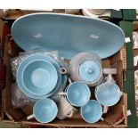 Poole Pottery teaset, six plates, saucers, cups, tea pot, and large plate,