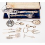 Group of silver plate and EPNS items including spoons, button hook, large fruit serving spoon, fork,