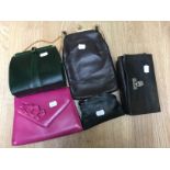 A collection of leather bags to include; a dark bottle green lizard bag with chain,