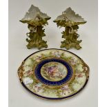Early 20th Century Continental transfer and hand painted round tray and two spill vases A/F
