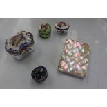 Four patch boxes and mother of pearl card case,