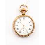 A ladies 9ct gold small pocket/fob watch, white enamel dial, numerals and subsidiary dial,