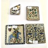 Four Persian tiles, including Iznik design with Arabic letters, St George and dragon, bird and vine,